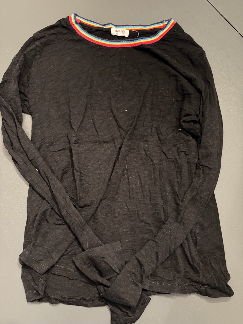 Goldie Black Long-Sleeve Crewneck with Rainbow Trim